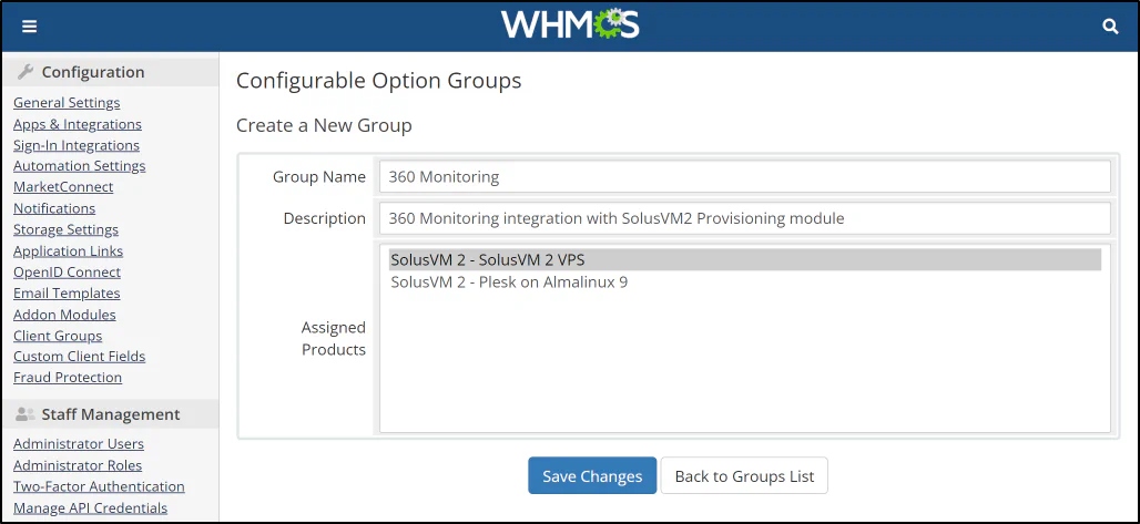 WHMCS 360 Monitoring group with product assignment