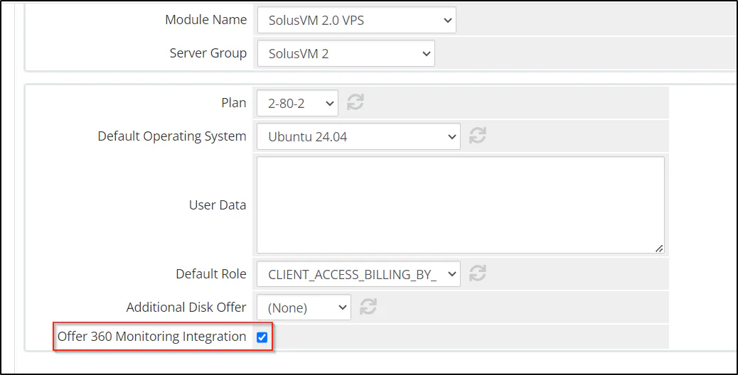 WHMCS product module settings with 360 Monitoring integration checkbox