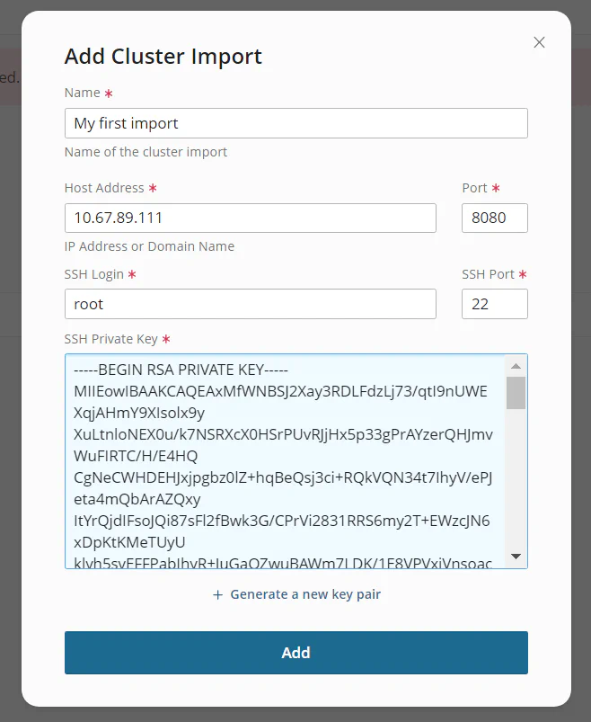 Add cluster import form with SSH and server configuration fields