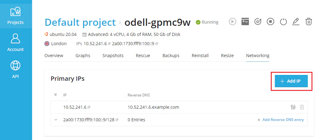 Server networking tab with Add IP button