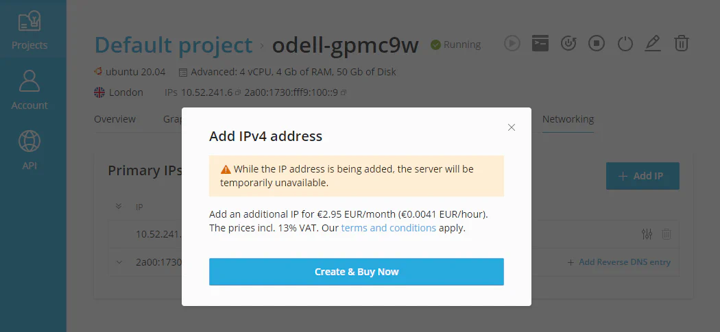 Additional IP address purchase dialog showing pricing