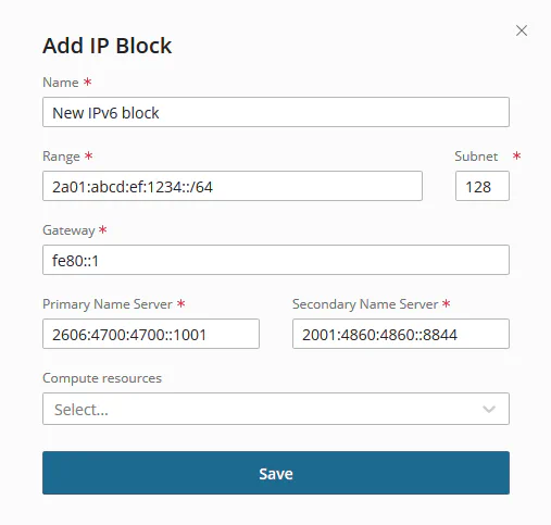 Add IPv6 block configuration form
