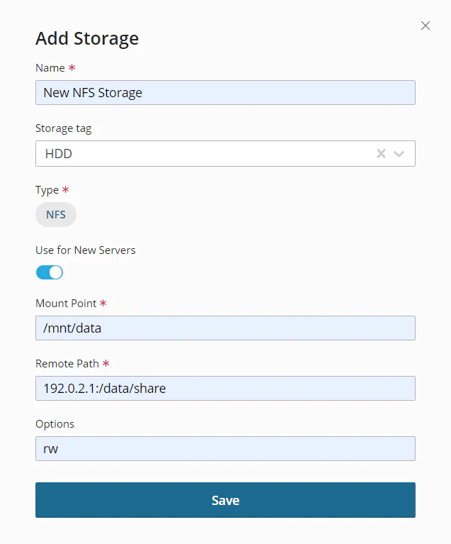 NFS storage configuration form