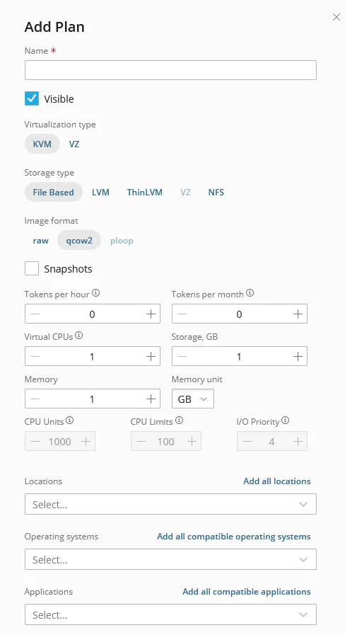 Plan configuration form showing locations, operating systems, and applications fields