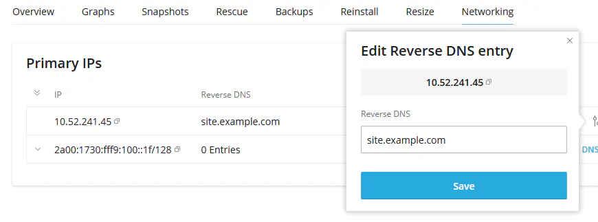 Reverse DNS entry form with IP address and domain fields