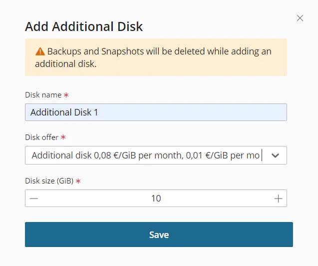 Additional disk creation form