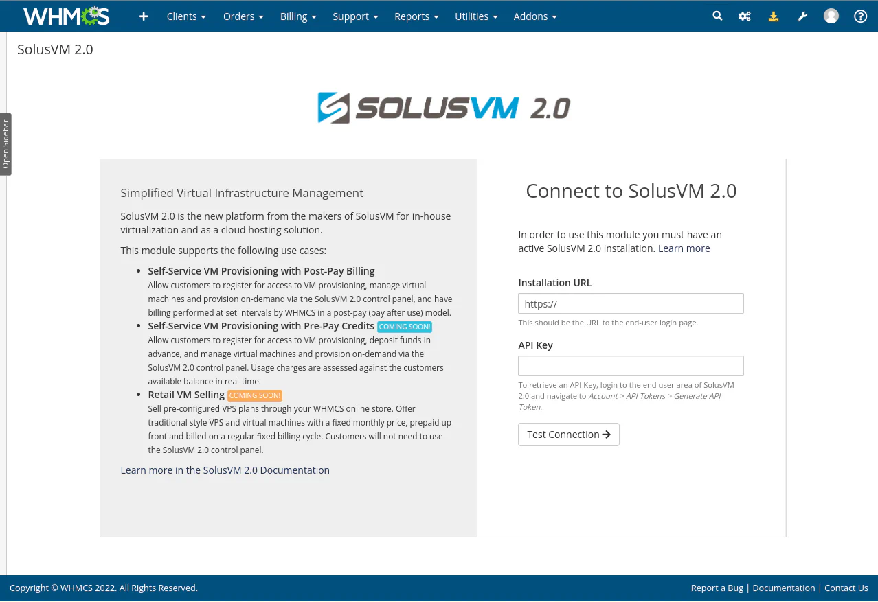 SolusVM connection screen with URL and API key fields