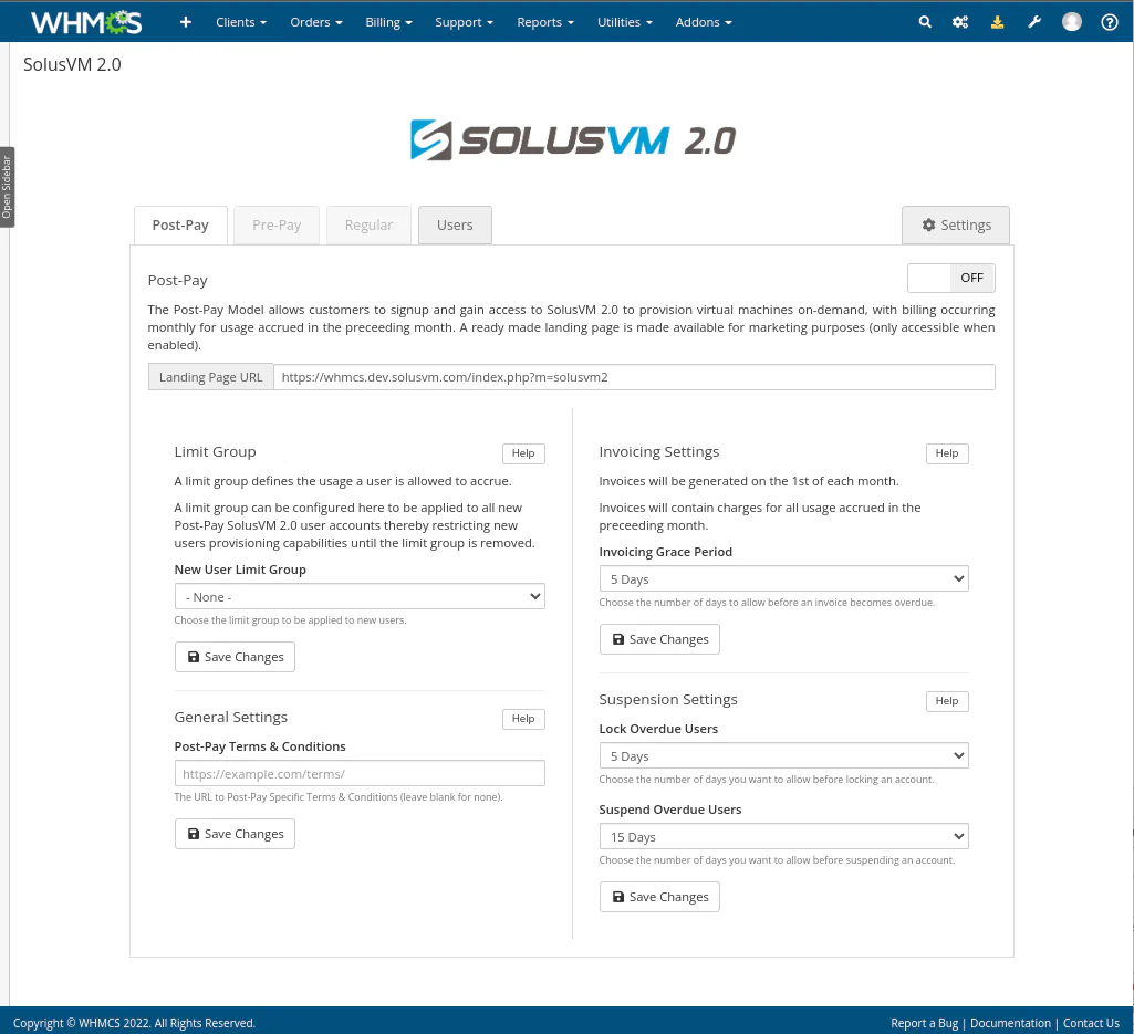 SolusVM Post-Pay billing configuration screen