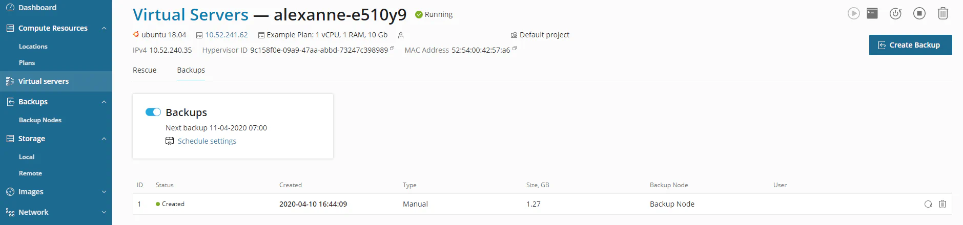 Backup creation success with backup list