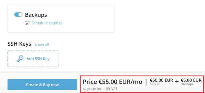 SolusVM pricing display showing server and backup costs