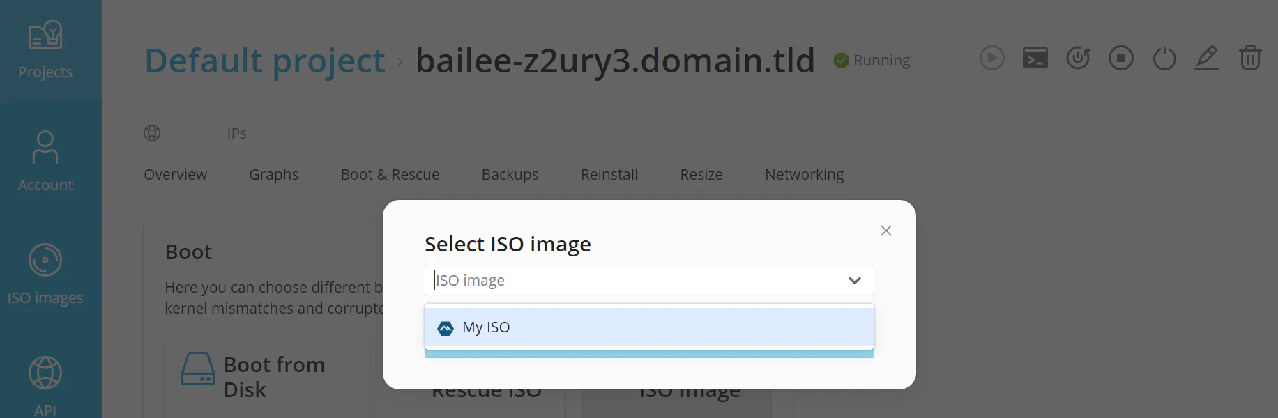 Boot from ISO Image dialog with ISO selection dropdown