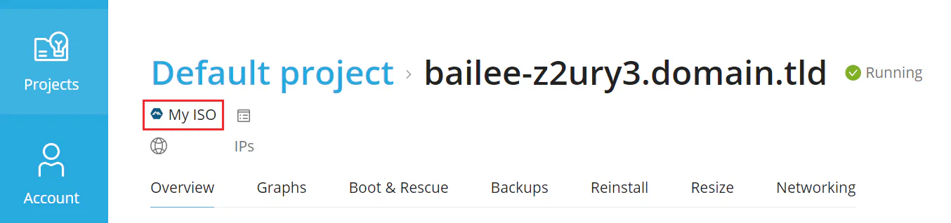 Server details showing installed operating system from ISO image