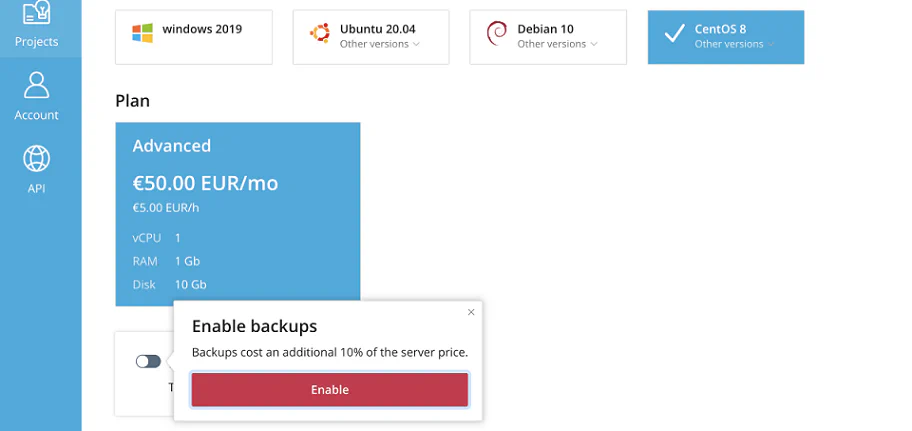 SolusVM customer interface with backup purchase option