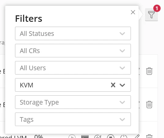 Virtual Servers page showing the virtualization filter set to KVM