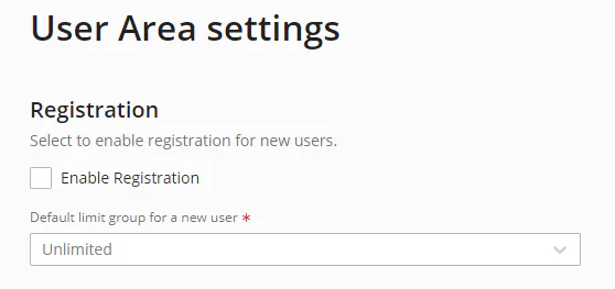 User Area settings with Enable Registration checkbox disabled