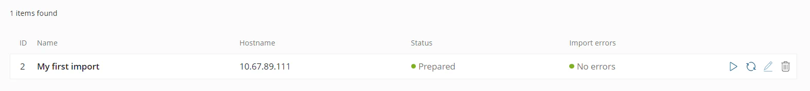 Cluster import interface showing Prepared status