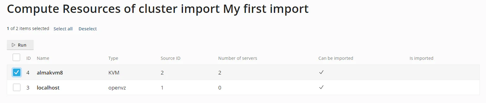 Node selection interface for starting cluster import