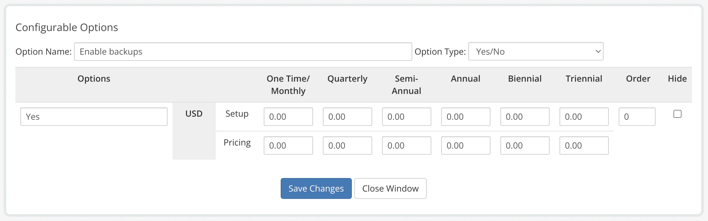 WHMCS backups configurable option showing Yes/No option type