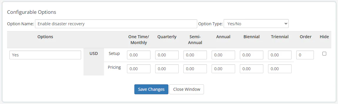 WHMCS disaster recovery configurable option showing Yes/No option type