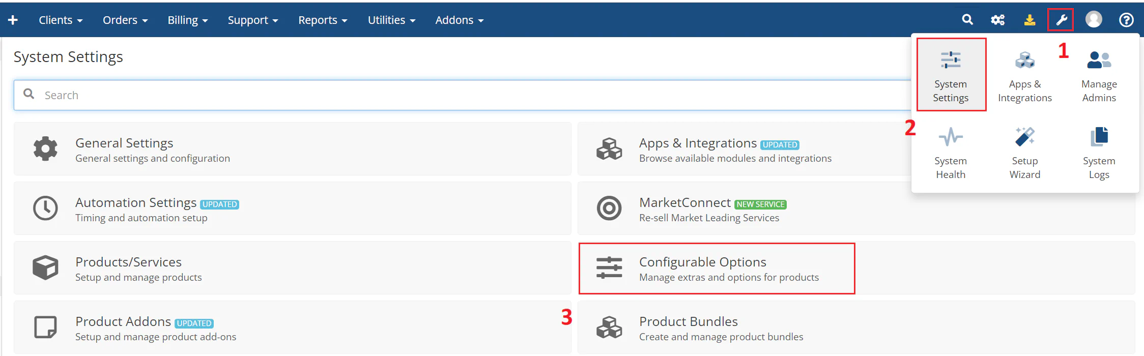 WHMCS configurable options interface in system settings