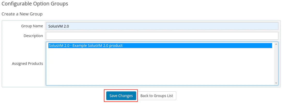 WHMCS configurable options group configuration showing name and product assignment