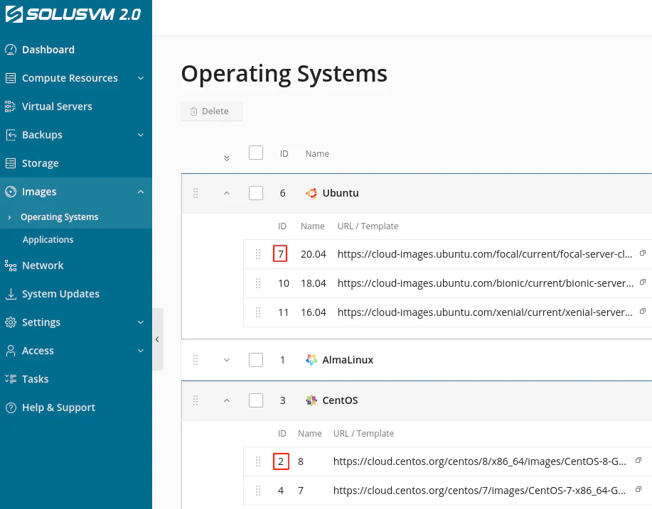 SolusVM Operating Systems interface showing OS IDs
