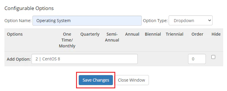 WHMCS operating system configurable option showing dropdown values