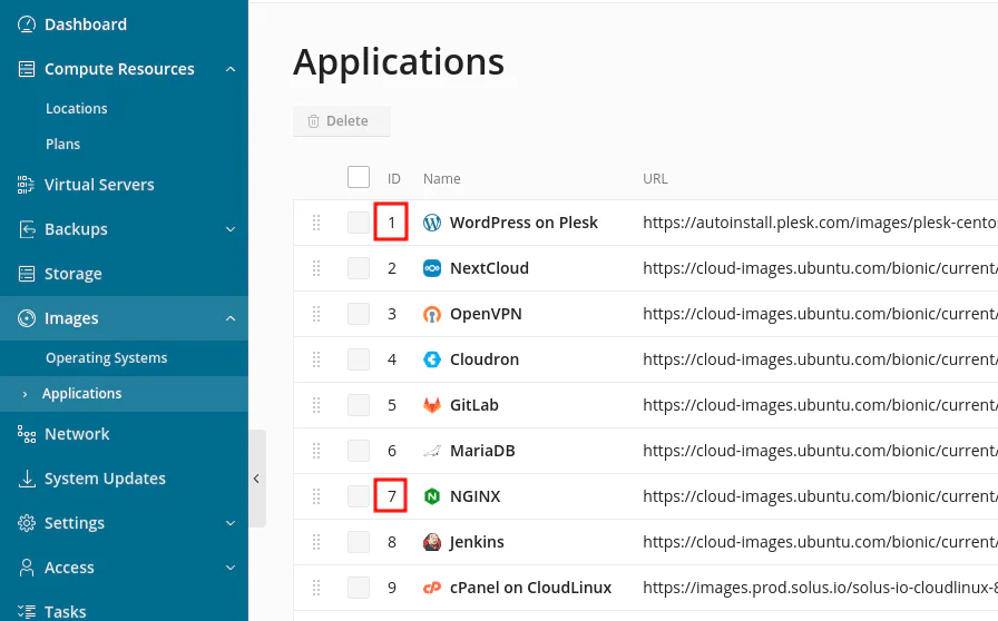 SolusVM Applications interface showing application IDs