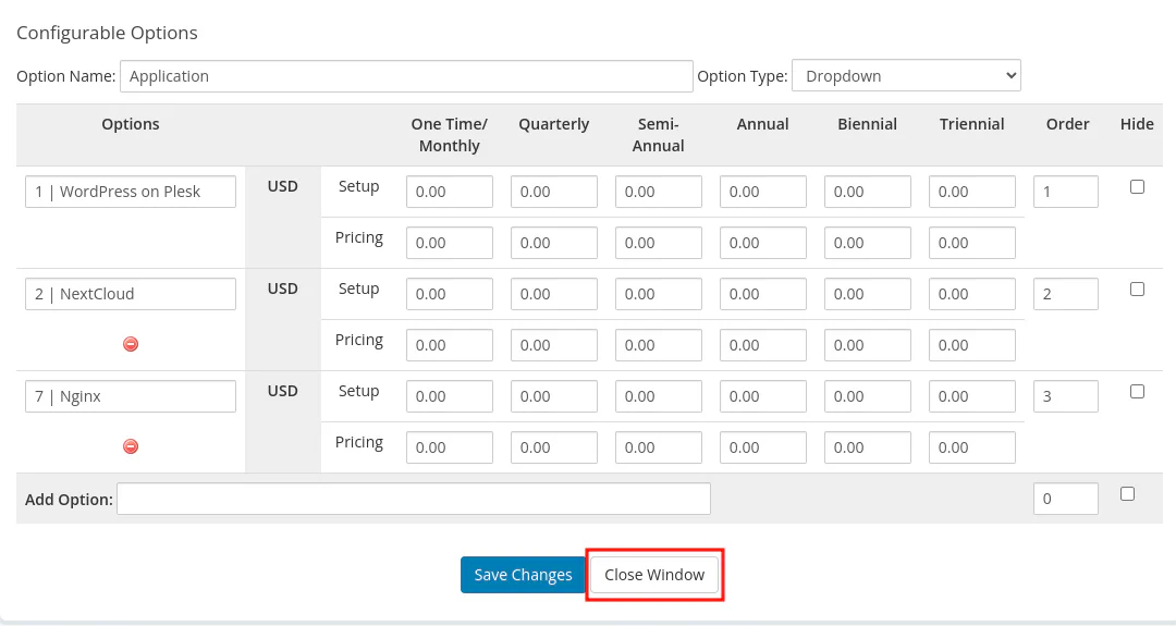 WHMCS application configurable option showing dropdown values