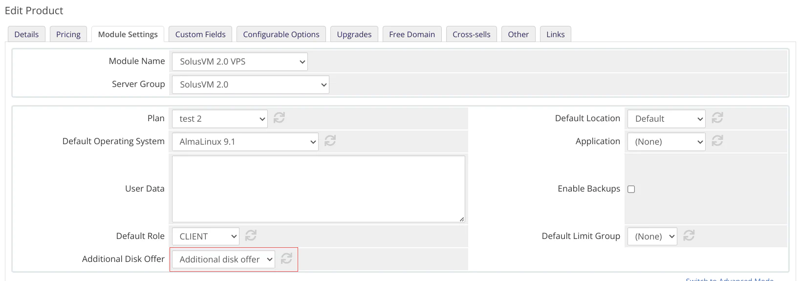 WHMCS product module settings showing offer selection