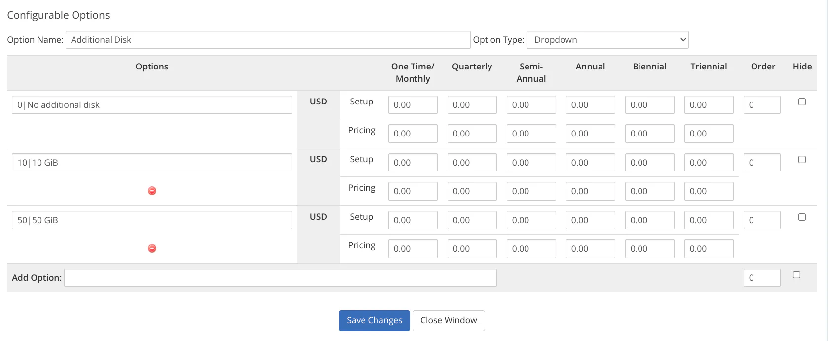 WHMCS additional disk configurable option showing dropdown values