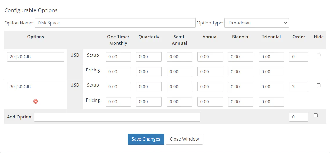 WHMCS disk space configurable option showing dropdown values