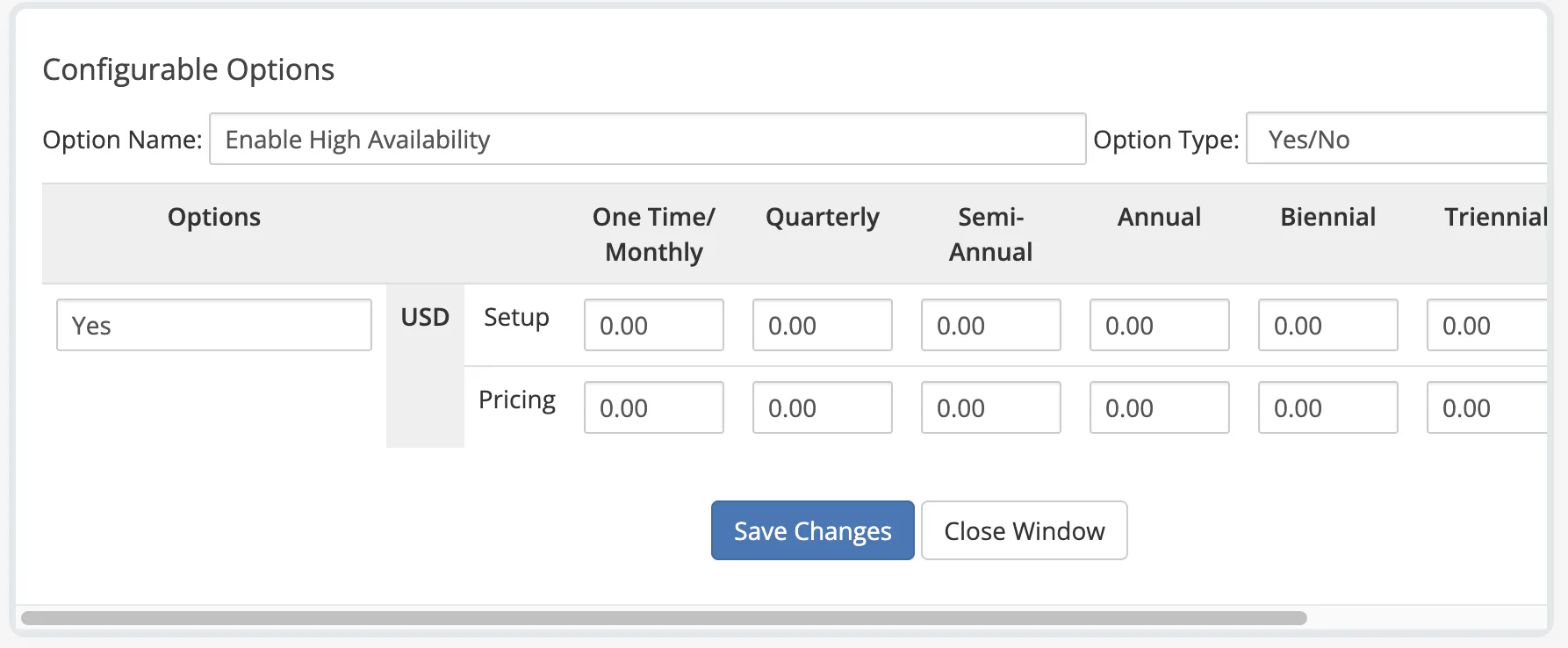 WHMCS high availability configurable option showing Yes/No option type