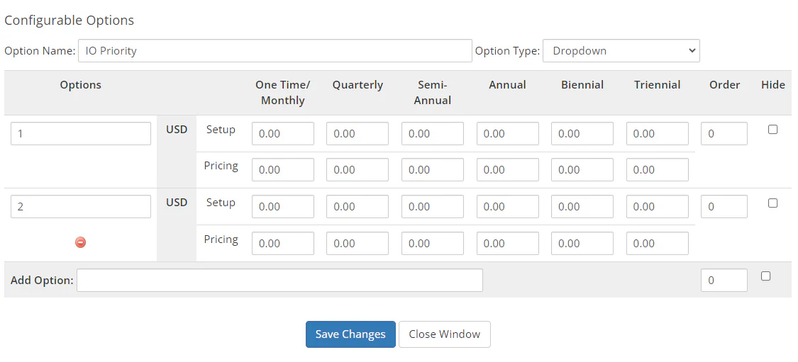 WHMCS IO priority configurable option showing dropdown values