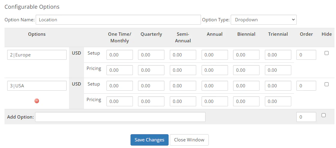WHMCS location configurable option showing dropdown values