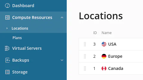 SolusVM Locations interface showing location IDs
