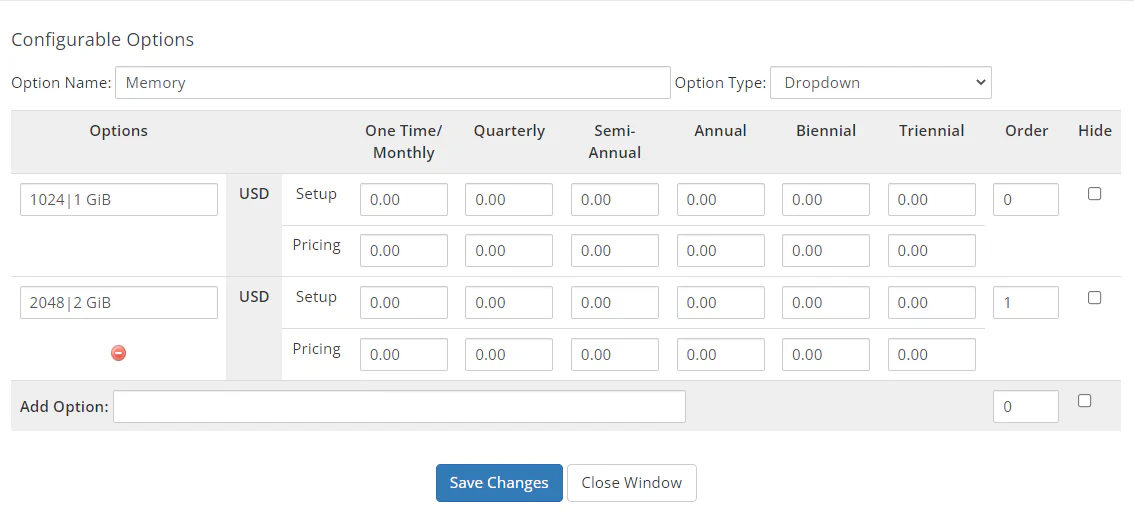 WHMCS memory configurable option showing dropdown values