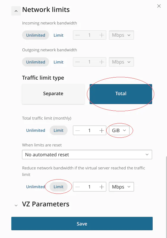 WHMCS traffic limit configuration example showing unit settings