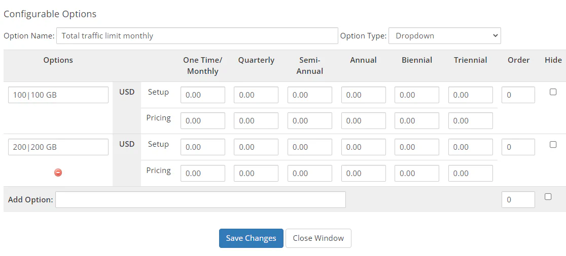 WHMCS traffic limit configurable option showing dropdown values