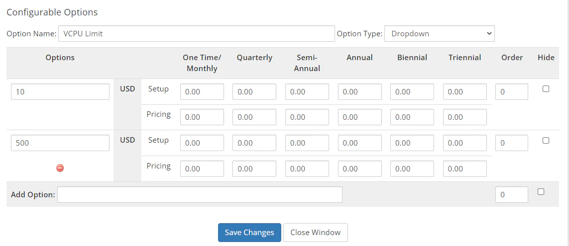 WHMCS vCPU limit configurable option showing dropdown values