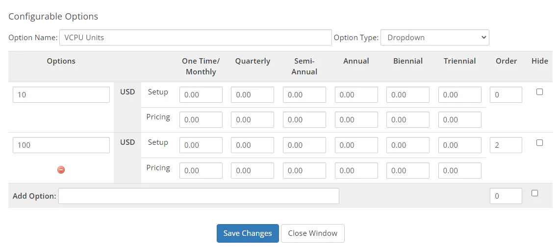 WHMCS vCPU units configurable option showing dropdown values