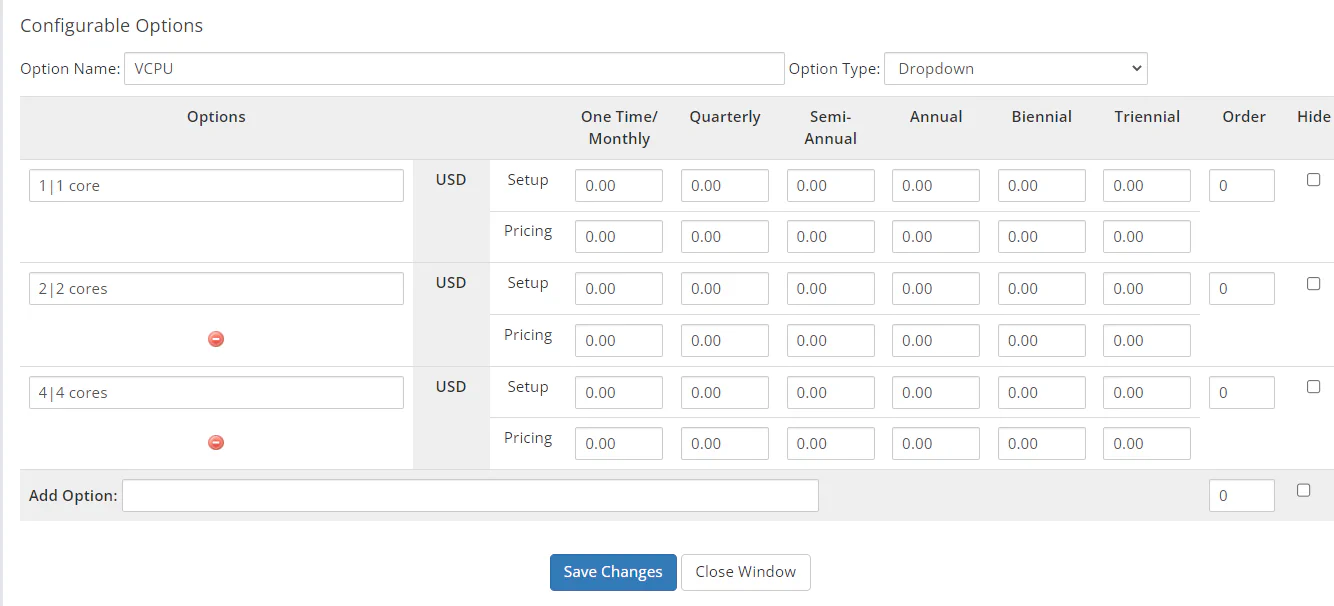 WHMCS vCPU configurable option showing dropdown values