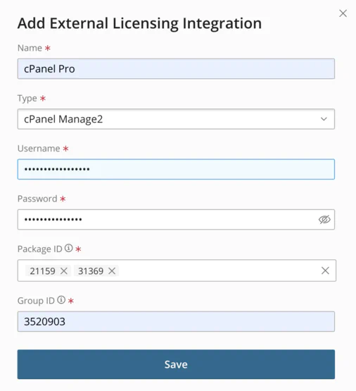 cPanel integration settings