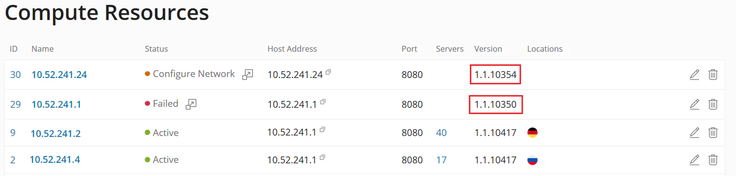 Compute resources screen showing version mismatch between resources