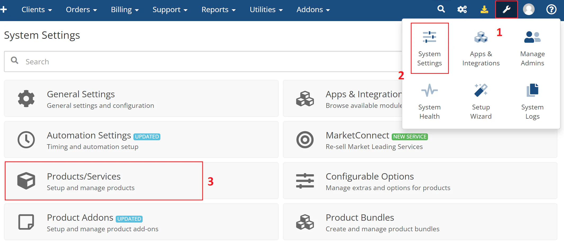 WHMCS System Settings menu with Products/Services highlighted