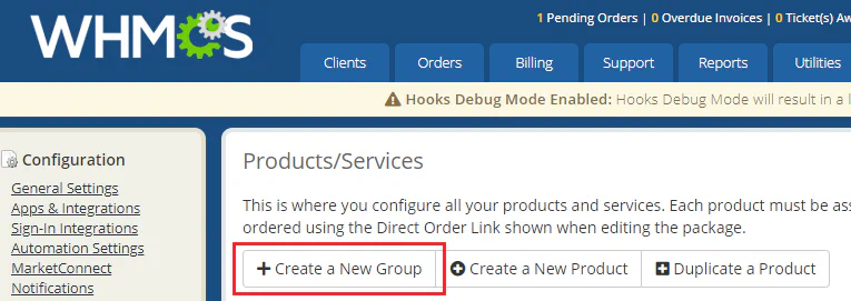 WHMCS Products/Services page with Create a New Group button