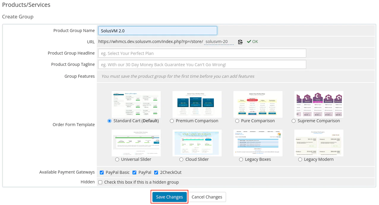 WHMCS product group creation form
