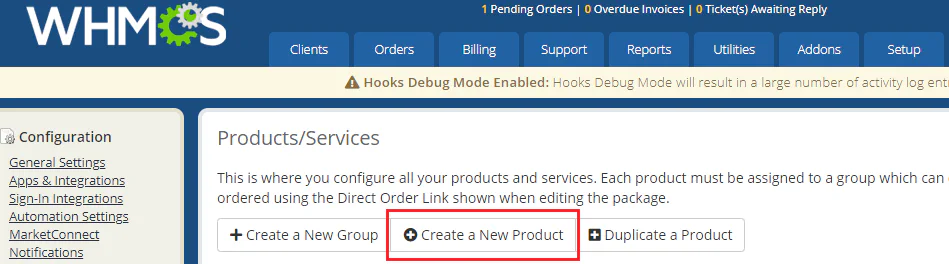 WHMCS Products/Services page with Create a New Product button