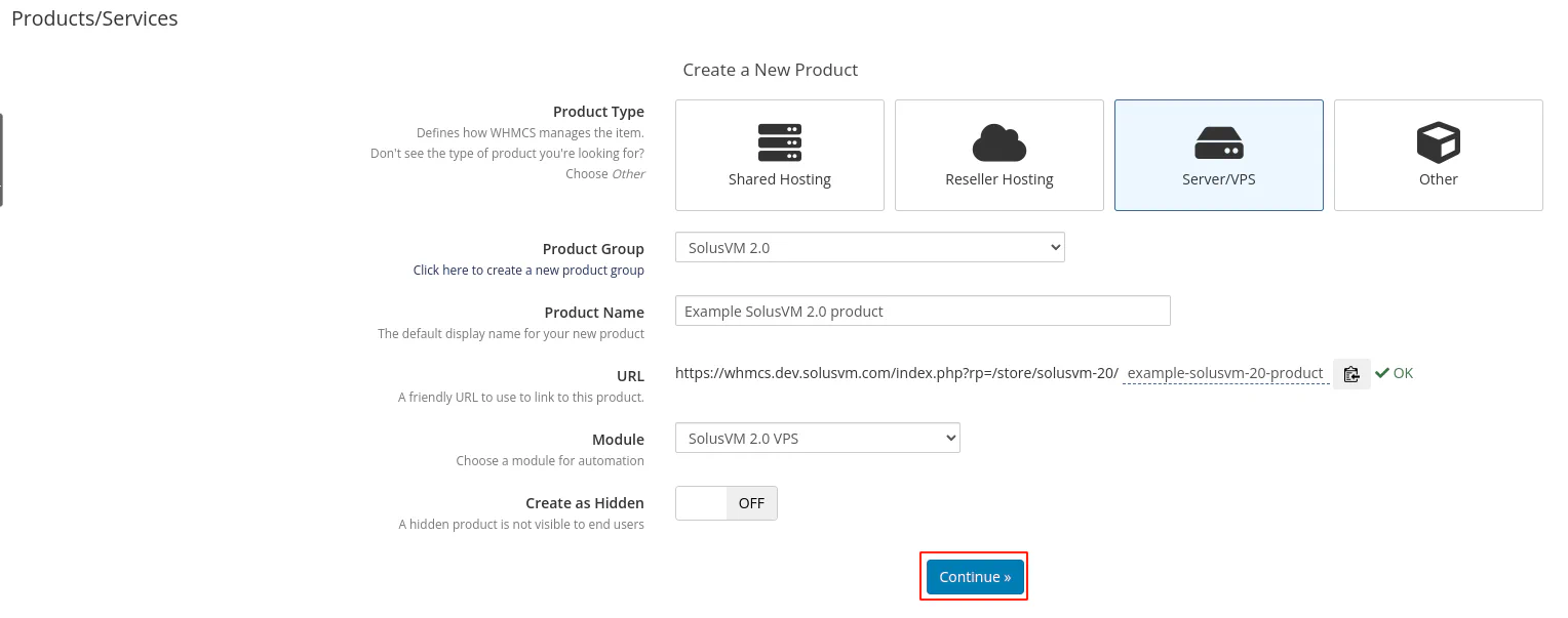 WHMCS product creation form with basic settings