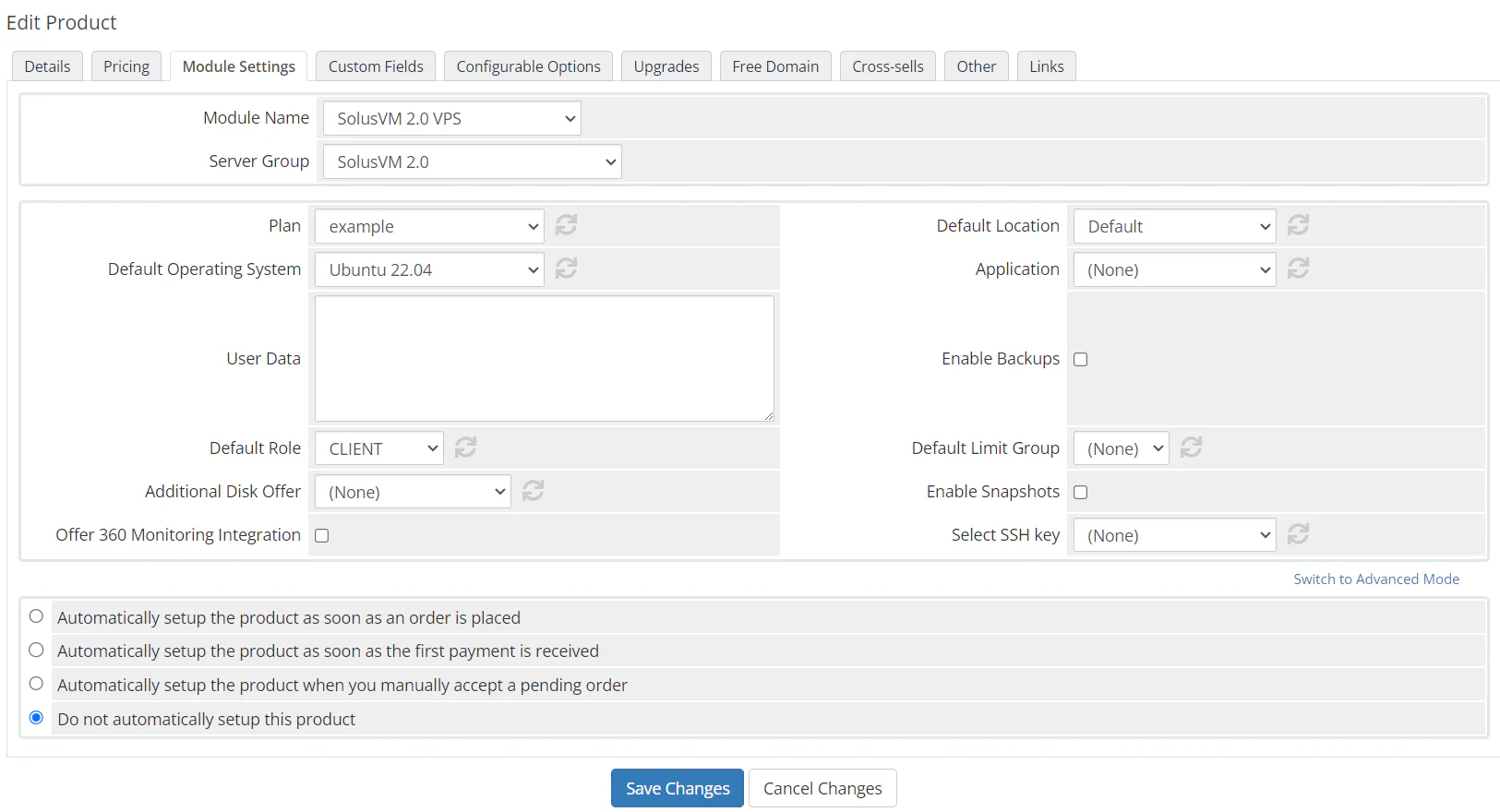 WHMCS product module settings for SolusVM